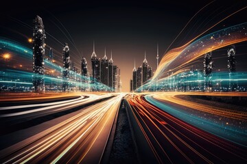 Fototapeta na wymiar Smart digital city with high speed light trail. Generative AI