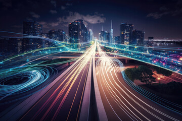 Obraz premium Smart digital city with high speed light trail. Generative AI