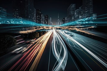Obraz premium Smart digital city with high speed light trail. Generative AI