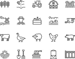 Vector set of agriculture and farming line icons. Contains icons farm, tractor, livestock, combine harvester, barn, farmer, granary, silo and more. Pixel perfect.