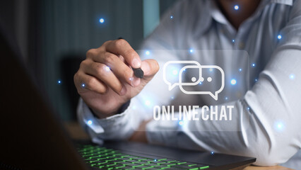 men's hand typing on keyboard laptop with mobile smartphone, Live Chat Chatting on application Communication Digital Web and social network Concept