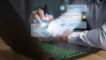 Chatbot conversation. Person using online customer service with chat bot to get support. Artificial intelligence and CRM software automation technology. Virtual assistant on internet.