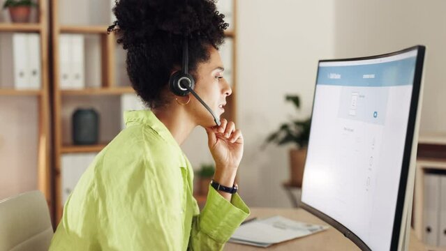 Black woman, call center and computer screen in frustration with difficult customer service or angry support at office. Frustrated African female consulting on PC display for online web navigation