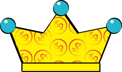 There are water blue jewels on the yellow crown, and the pattern of coins on the crown