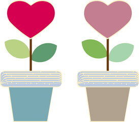 Two love heart shaped flowers with two leaves planted in a pot