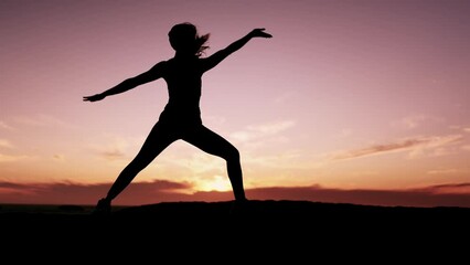 Yoga, sunset and woman with mockup outdoor with fitness, exercise and workout. Zen, relax and sport training start of a female athlete doing stretching and silhouette of pilates and meditation on sky