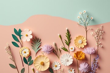 Mothers day dreamy, realisitic, beautiful spring flowers on pastel paper background, flat lay, free space for text - Generative AI