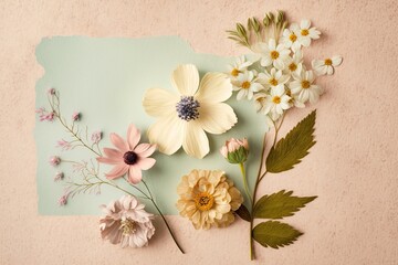 Mothers day dreamy, realisitic, beautiful spring flowers on pastel paper background, flat lay, free space for text - Generative AI