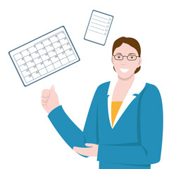 A woman in a business suit with glasses on the background of a calendar and a list. Flat vector illustration