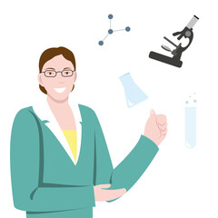 A woman in a business suit with glasses on a microscope, test tubes, formulas. The concept of scientific research and technology. Flat vector illustration