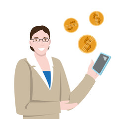 A woman in a business suit holds a smartphone into which coins fall. Flat vector illustration
