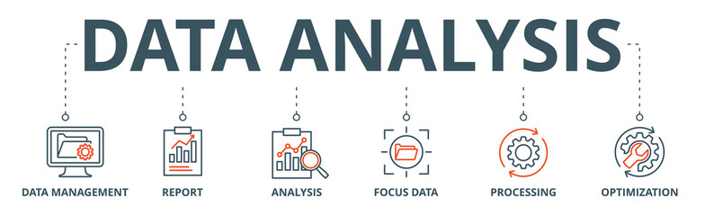Data analysis banner web icon vector illustration concept with icon of data management, report, analysis, focus data, processing, optimization