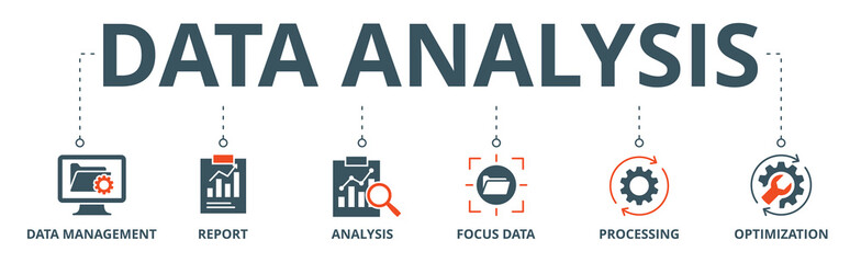 Data analysis banner web icon vector illustration concept with icon of data management, report, analysis, focus data, processing, optimization