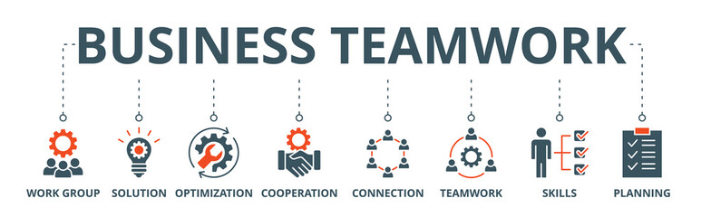 Business teamwork banner web icon vector illustration concept with icon of work group, solution, optimization, cooperation, connection, teamwork, skills, planning