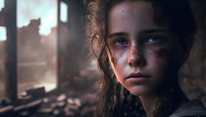 A child cries against the background of destroyed buildings. A sad girl standing in front of collapse buildings area, natural disaster or war victim, sorrow scenery idea for support children's right - obrazy, fototapety, plakaty