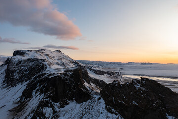 Great sunset over a mountain in Iceland near Skullfoss. Great view from a bird's perspective.