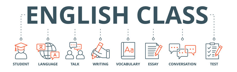 Fototapeta na wymiar English class banner web icon vector illustration concept with icon of student, language, talk, writing, vocabulary, essay, conversation, test