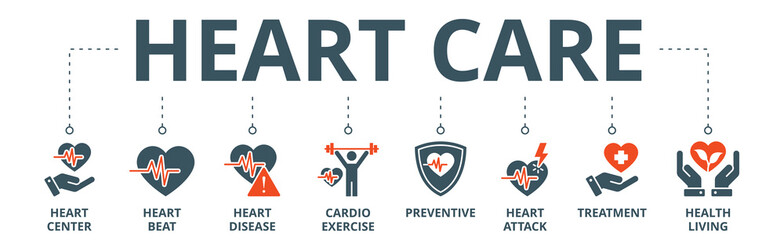 Heart care banner web icon vector illustration concept with icon of heart center, heartbeat, disease, cardio exercise, preventive, heart attack, treatment, health living