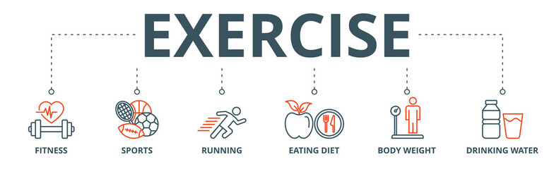 Fototapeta premium Exercise banner web icon vector illustration concept with icon of fitness, sports, running, eating diet, body weight, drinking water