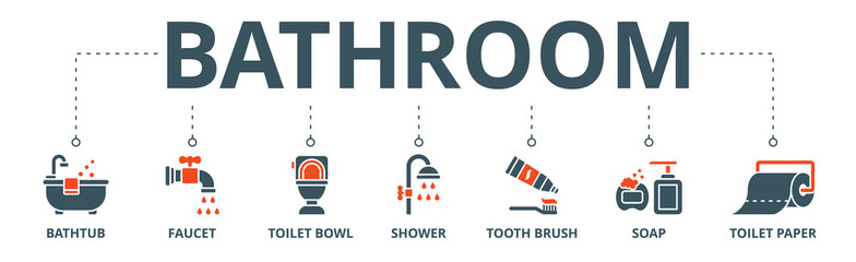 Bathroom banner web icon vector illustration concept with icon of bathtub, faucet, toilet bowl, shower, tooth brush, soap, toilet paper