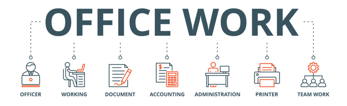 Office work banner web icon vector illustration concept with icon of officer, working, document, accounting, administration, printer, teamwork