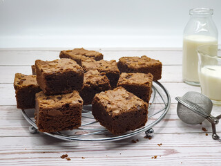 Delicious homemade brownies on white background 