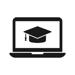 Online university education. Laptop with mortar board hat. Remote academic degree. color editable