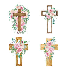 Watercolor crosses decorated with roses, Easter religious symbol