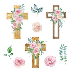 Watercolor crosses decorated with roses, Easter religious symbol