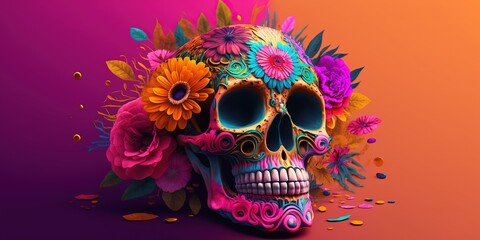 colorful skull on vivid pink background, day of the dead, dia de muertos, Generative AI - obrazy, fototapety, plakaty