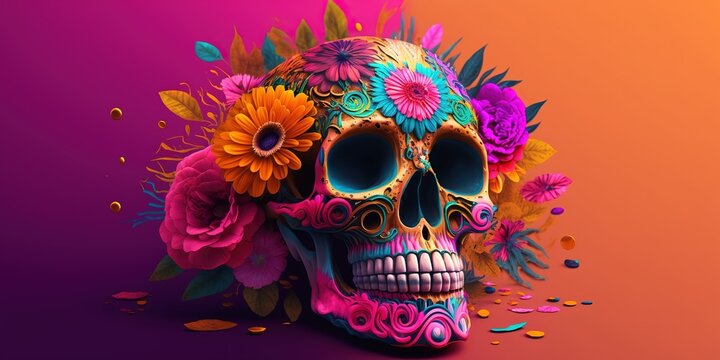 colorful skull on vivid pink background, day of the dead, dia de muertos, Generative AI