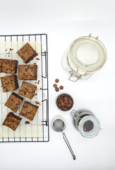 Delicious homemade brownies on white background 