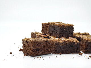 Delicious homemade brownies on white background 