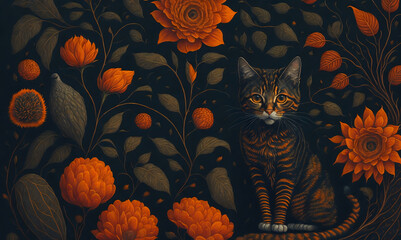Image of floral pattern flowers background with cat, beautiful vintage illustration of plants and leaves, generative ai printed on Printed Glass Splashbacks