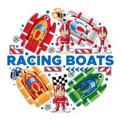 Set on the theme of racing boats. Isolated on white background. Vector illustration.
