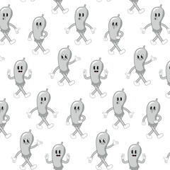 Vector seamless pattern. Condom cartoon groovy on a white background. World travel vector concept. Modern illustration with legs and arms.