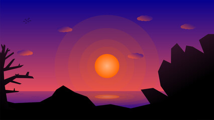 Vector illustration of beach scene at sunset