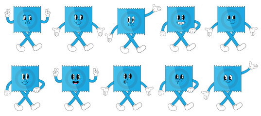 Vector cartoon condom stickers with funny comic characters, gloved hands. Groovy illustration with legs and arms.