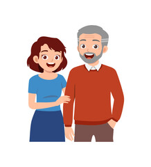 old parent standing with adult young child and smile