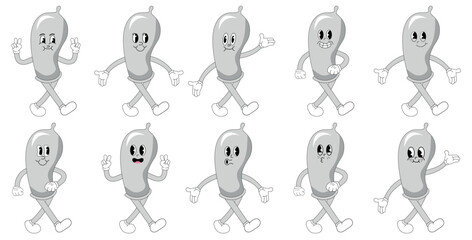 Set of vector cartoon condom stickers with funny comic characters, gloved hands. Groovy illustration with legs and arms.
