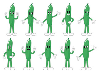 Cucumber cartoon groovy stickers with funny comic characters, gloved hands. Modern illustration with legs and arms.