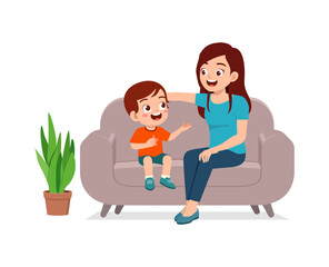 little kid having conversation with mother and feeling happy