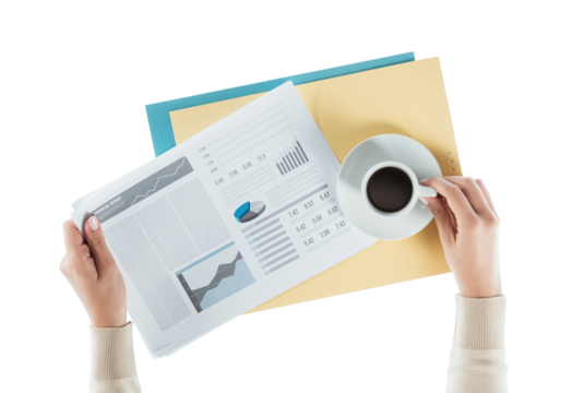 Business woman having a coffee at office desk - Powered by Adobe