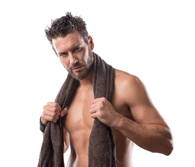 Cool athletic man posing with towel - obrazy, fototapety, plakaty