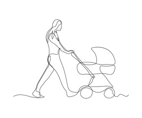 abstract woman with a stroller with a child Continuous On Line Drawing