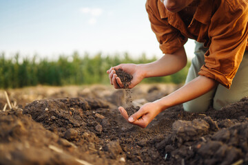 Female hands touching soil on the field. Idea of a rich harvest.