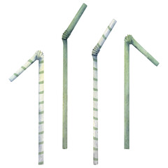 Hand drawn watercolor elements. Assorted striped and colored party cocktail straws. Isolated on white background. Design wall art, wedding, print, fabric, cover, card, tourism, travel booklet.