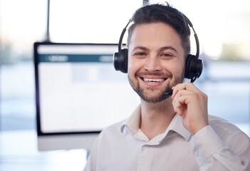 Man at call center, face and contact us with customer service employee, smile and CRM with...