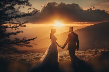 Landscape at sunset of a newly married couple. Just Married. generate by ai
