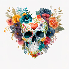 Heart of flowers with skull. white background. Generate AI